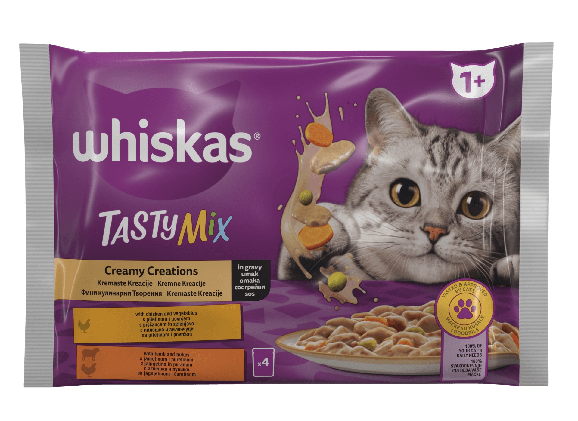 Whiskas-POUCH-MP-2022-4x85g-TastyMix-Creamy-Creations-Chicken-Lamb-Turkey-Gravy-EAN-4770608262655-PackCode-5051314-FRONT-HR-BA-SL-BG-RS-ME
